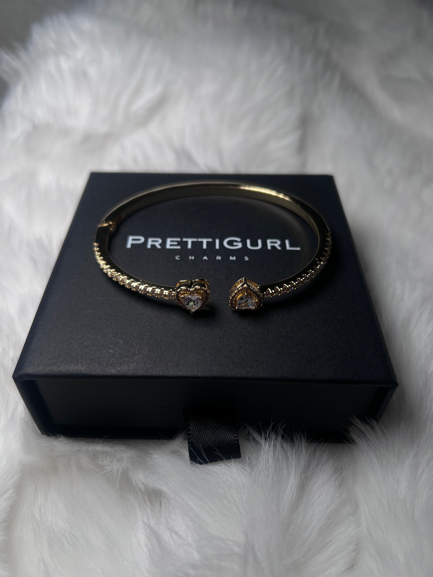 Double Heart Diamanté Bangle - Gold