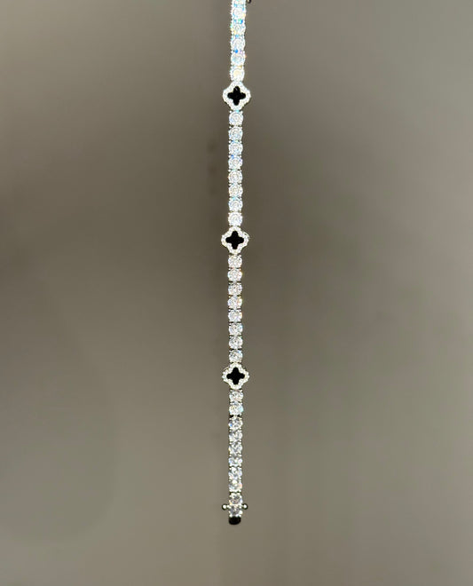 CLASSIC BLACK CLOVER TENNIS BRACELET - SILVER